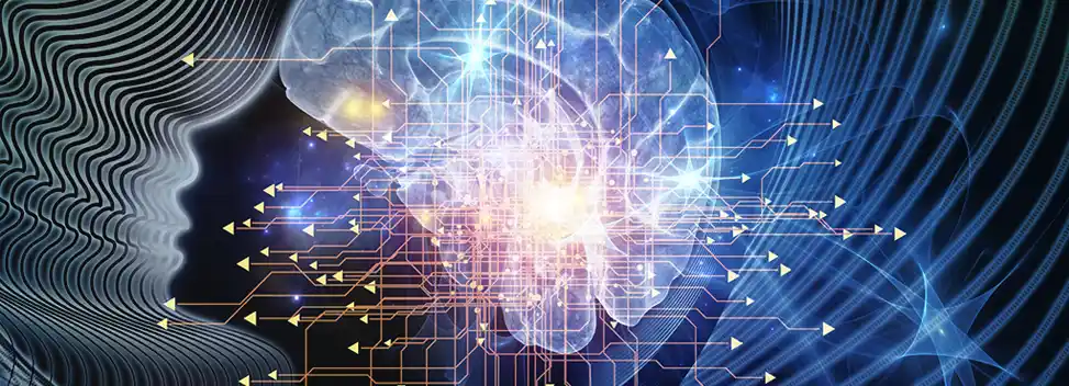 Bildmontage menschlicher Kopf und Neuronen als Halbleiter.