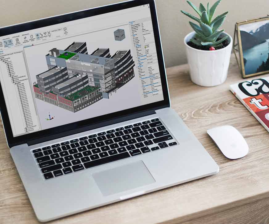 Büro mit Computer auf dem Revit läuft